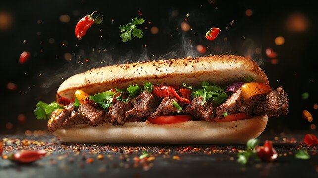 fresh grilled beef turkish or chicken arabic shawarma doner sandwich with flying ingredients and spices hot ready to serve and eat food commercial advertisement menu banner with copy space area