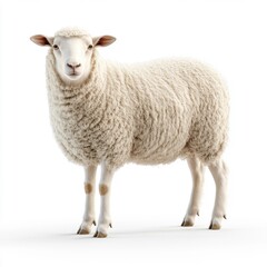 Fototapeta premium Fluffy white sheep standing, facing camera against a plain white background