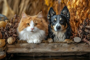 cat and dog relaxing together  in green park surrounded by nature with sunlight and fresh air new beautiful stock image illustration AI