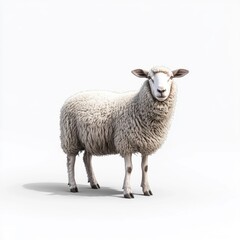 Fototapeta premium Woolly sheep standing alone indoors on white background, facing camera