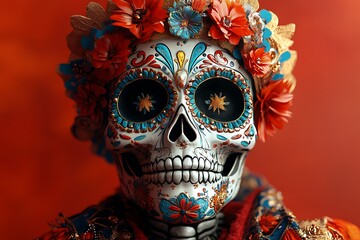 Individual Wearing a Skull with Floral Headpiece.
