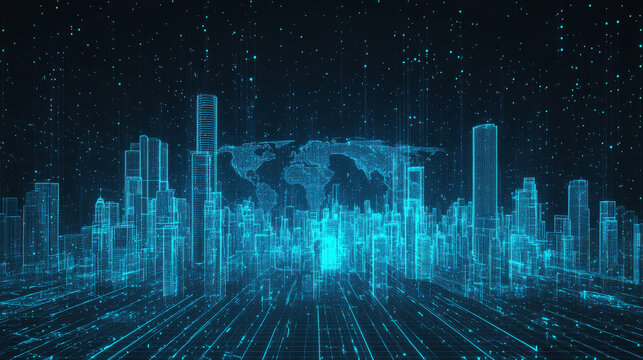 digital cityscape with glowing blue lines and world map in background creates futuristic atmosphere. scene is filled with tall buildings and starry sky, evoking sense of innovation