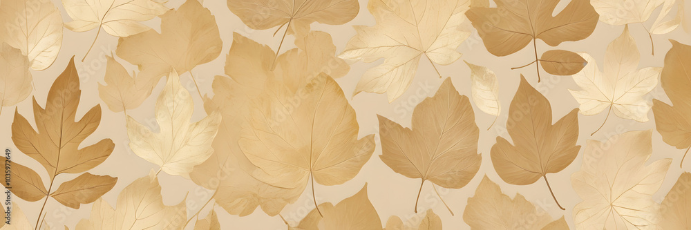Poster golden autumn leaves pattern: a seamless pattern of golden leaves in various shapes and sizes, creat