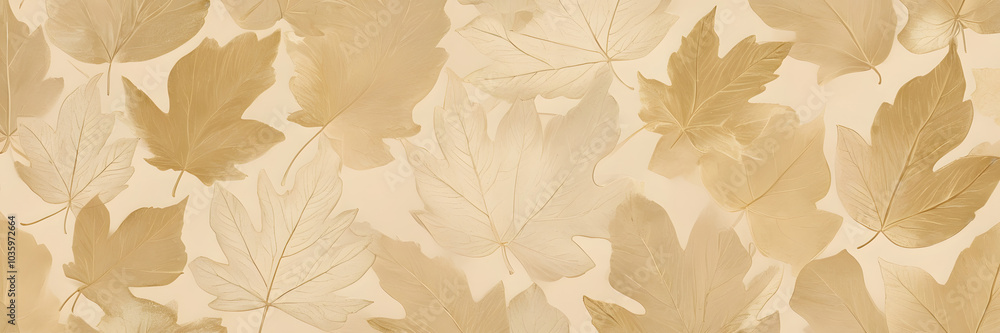 Poster Autumnal Leaf Pattern: A delicate and ethereal pattern of golden autumn leaves, each leaf individually pressed and arranged on a soft, cream-colored background.