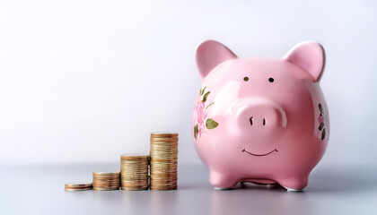 pink flowered piggy bank with coin on side position provides copy space for text. background concept isolated white