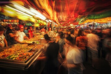 Fototapeta premium A vibrant night market filled with colorful lights and delicious food. People are enjoying the lively atmosphere. This is a perfect scene of cultural diversity. Generative AI