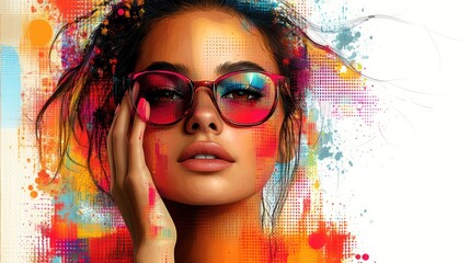 Fototapeta premium A young woman poses confidently with colorful glasses, surrounded by splashes of paint