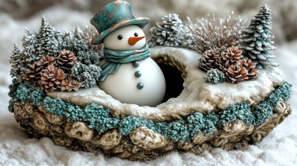 Obraz premium A charming snowman with a blue hat sits amidst snow-covered trees and pinecones