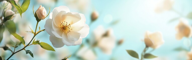 Obraz premium A banner with a blurred background featuring blooming white rose hips on the left side, set against a clear blue sky for copy space and text Generative AI