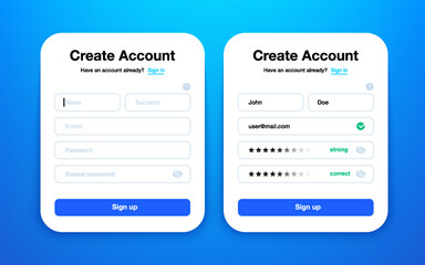 Create account UI. Sign up and log in form with personal user data, modern mobile application page with user profile input fields. Vector layout