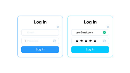 Login form. Web page user authorization with name and password, website member account registration with security captcha. Vector template