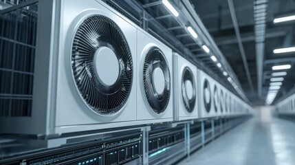 Large industrial air conditioners are working to cool a server room in a data center