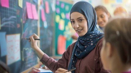 Obraz premium Collaborative learning: teacher engaging with students in classroom setting for interactive learning, World Hijab Day