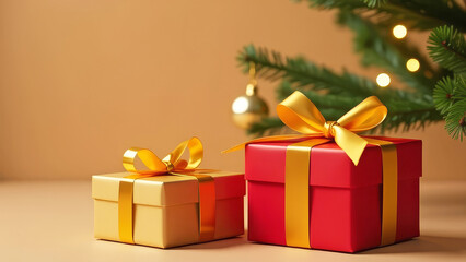 Red and yellow gift boxes lie next to the christmas tree on a yellow background. Christmas and New Year celebration and gift giving concept.