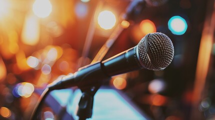 Close-up of microphone on stand in soundproof recording studio, positioned in front of script stand, symbolizing voice acting and audio production.