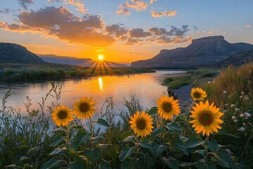 Sunset over mountains with sunflowers 