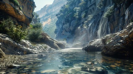 A tranquil river gorge with steep rock walls and a flowing river