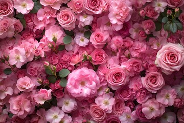 Pink floral background filled with roses and blossoms