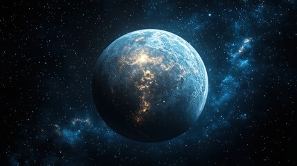 A luminous blue planet floats in dark space, illuminated by distant stars and galaxies