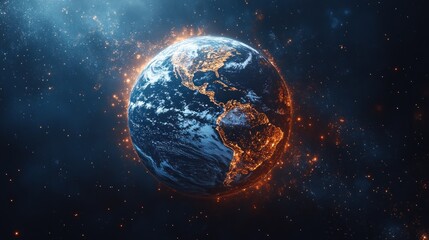 Earth glimmers with fiery edges, surrounded by a vast, starry universe