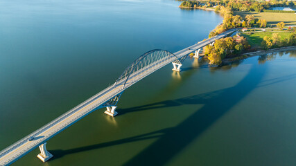 Aerial view of Lake Champlain Bridge, spanning the serene lake and connecting Crown Point, New York to Vermont.