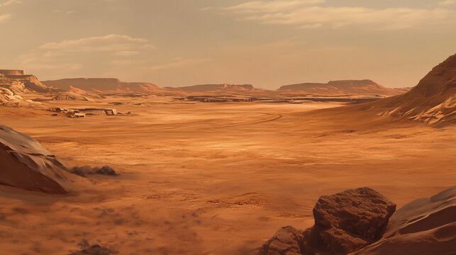 Vast Martian-like desert landscape with rocky terrain, distant plateaus under a hazy sky