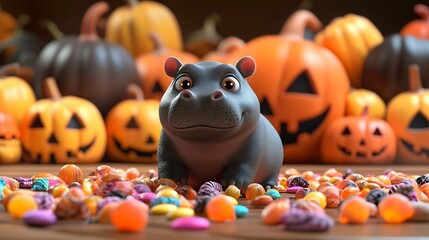 Obraz premium 3D illustration of a baby pygmy hippo surrounded by colorful Halloween decorations and candies
