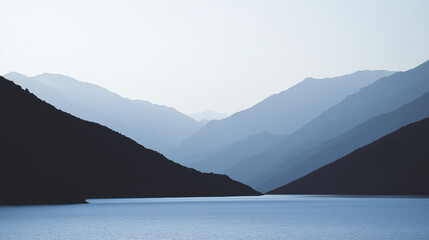 Serene mountain landscape with layers of misty blue mountains and a calm lake at dawn