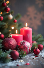 Christmas decoration with burning candles and fir tree on wooden background, copy space