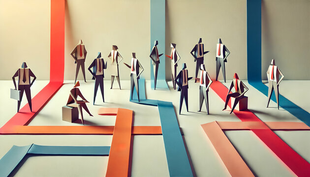 Origami Business Teamwork Scene with Folded Paper Figures in Minimalist Professional Setting Featuring Muted Color Strips and Business Interactions