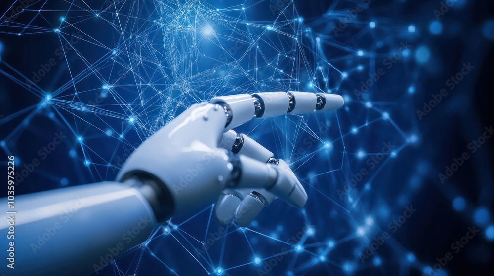 Fototapete robot hand pressing on virtual digital screen big data connection technology ai machine learning ide