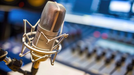 Close-up of microphone on stand in soundproof recording studio, positioned in front of script stand, symbolizing voice acting and audio production.