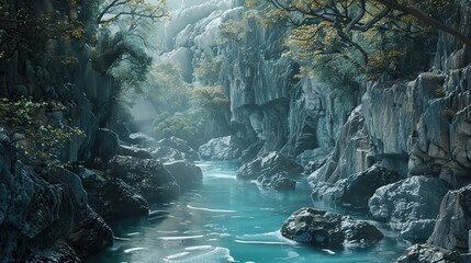 A tranquil river gorge with steep rock walls and a flowing river