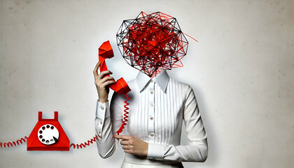 Origami style professional woman with a red telephone and a chaotic paper head symbolizing stress and confusion minimalist light background