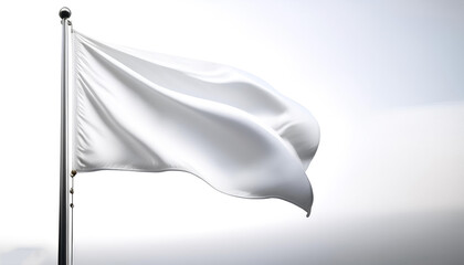 Plain white flag waving on a pole on side position provides copy space for text. background concept isolated white