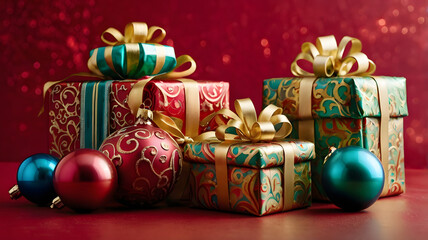 Holiday Gift Giving: A festive and heartwarming arrangement of beautifully wrapped Christmas gifts with ornate bows and sparkling ornaments. The red background enhances the festive spirit.