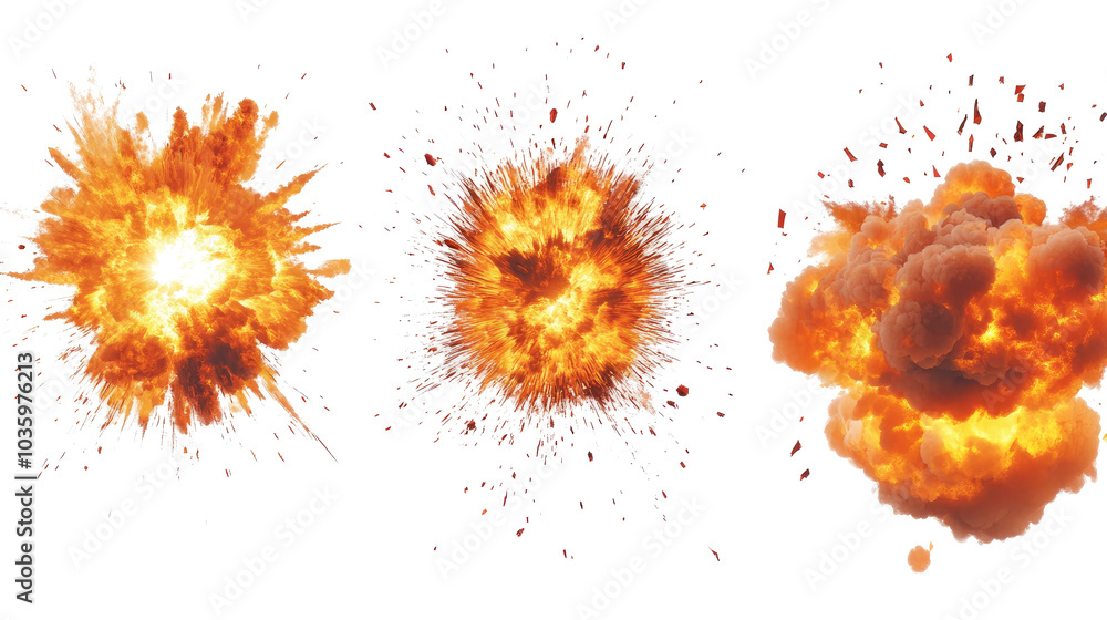 Poster realistic explosions of different sizes on transparent background generative ai