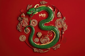 Green Chinese Style Snake on Vibrant Red Background for Festive Celebrations