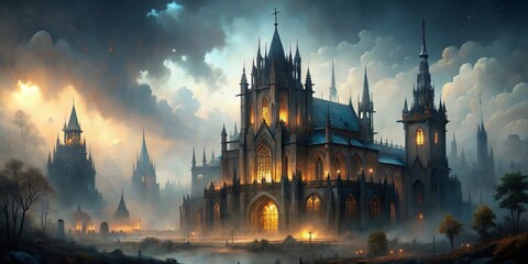 Obraz premium A Mystical Gothic Cathedral Bathed in Golden Light, Digital Painting, Dramatic Clouds, Towering Structure, Mysterious, Fantasy, Cathedral