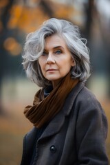 Naklejka premium Gray haired older woman portrait standing in the park