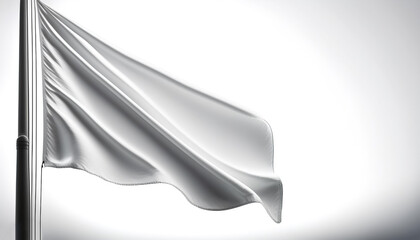 Plain white flag waving on a pole on side position provides copy space for text. background concept isolated white