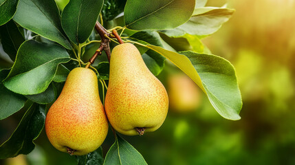 A pear fruit garden filled with rows of lush, mature pear trees, each adorned with clusters of sweet green pears hanging from the branches