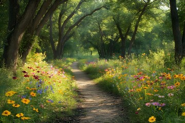 Serene forest path lined with wildflowers
