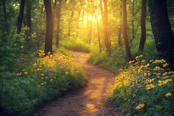 Naklejka premium Serene forest path lined with wildflowers