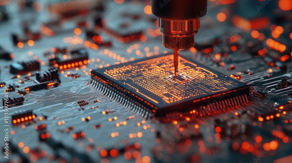 Poster a close-up image of a laser etching process on a microchip circuit board, highlighting the precision