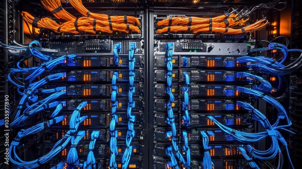 Poster a detailed view of a contemporary data center server room with rows of high-tech equipment. blue and