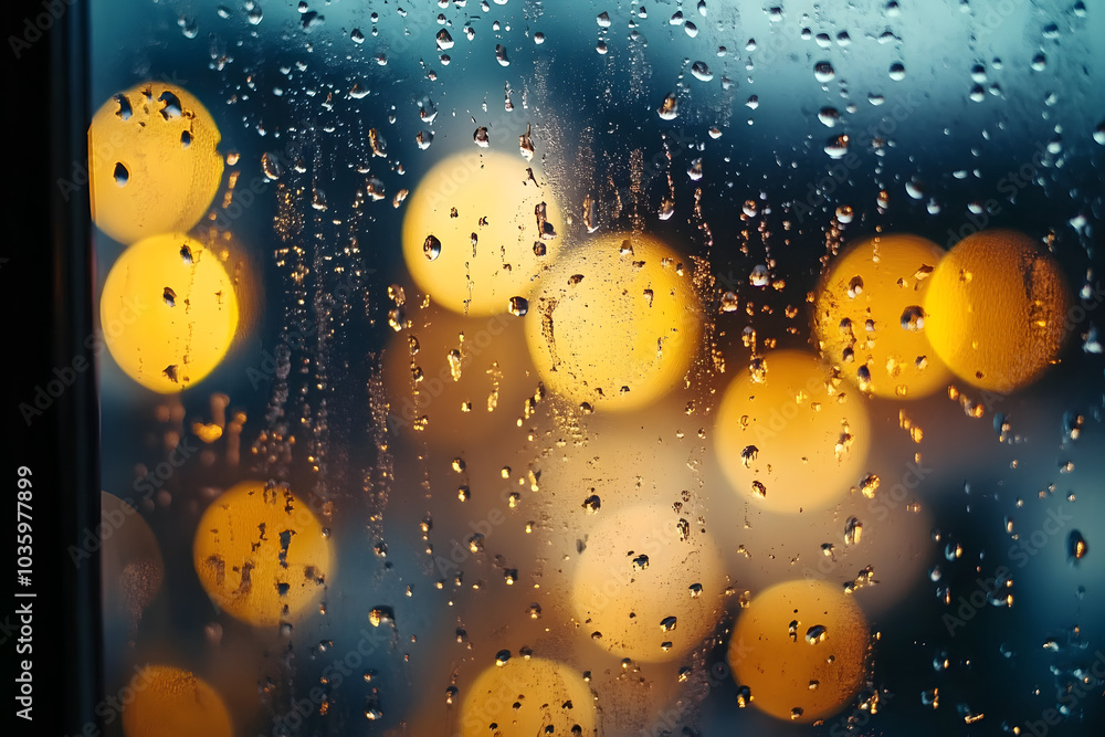 Aufkleber a mesmerizing view of golden bokeh lights shimmering through raindrops on a window, creating a warm 