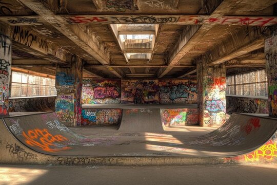 Empty skatepark showing half pipe covered in graffiti artwork
