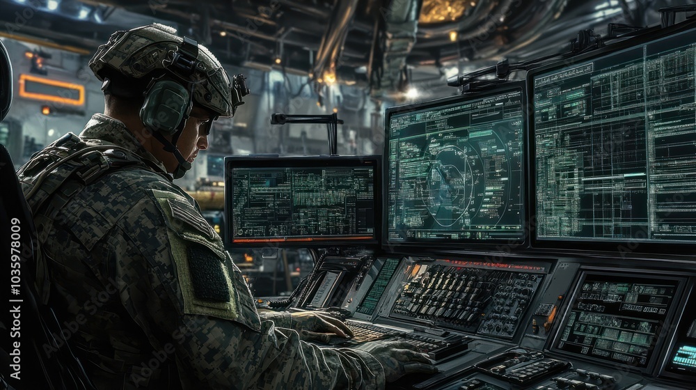 Poster a focused soldier in camouflage operates complex computer systems in a high-tech military control ro