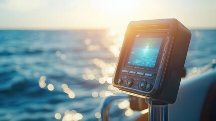 A high-tech fishing sonar device mounted on a boat, bright, clear light reflecting off its screen, modern, sleek design with digital readouts, background of sparkling water and a distant horizon,